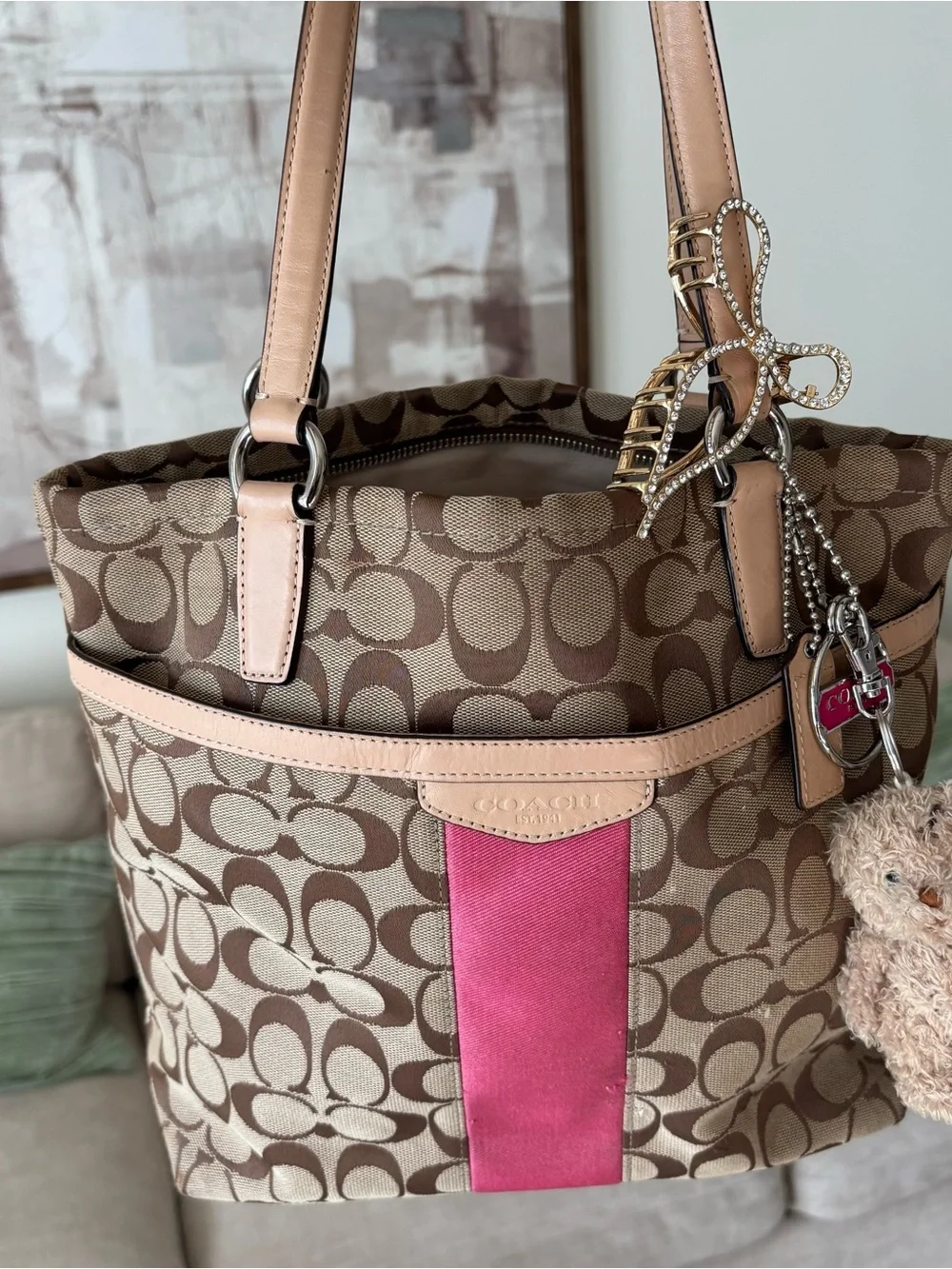 Coach Signature Canvas Tote with Pink Accent